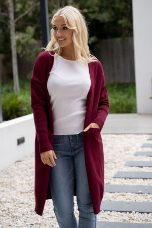 Cotton Blend Long Cardigan Burgundy