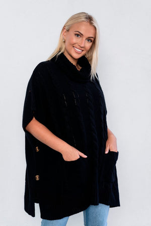 Wool Blend Turtleneck Knit Poncho Fits Size 8-24