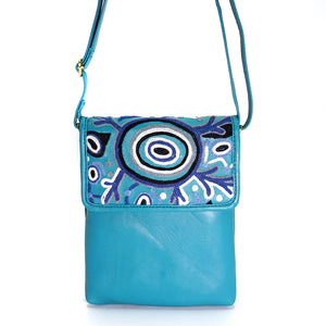 Embroidered Leather Shoulder Bag Blue