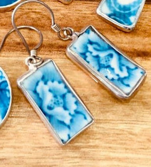 Vintage Japanese Porcelain Blue Leaf Silver Earrings