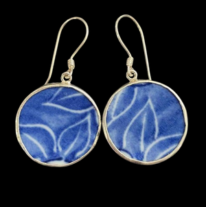 Vintage Japanese Porcelain Round Bold Leaf 925 Silver Earrings