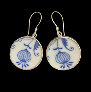 Vintage Japanese Porcelain Round Dainty Flower 925 Silver Earrings