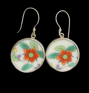 Vintage Japanese Porcelain Round Orange Flower 925 Silver Earrings
