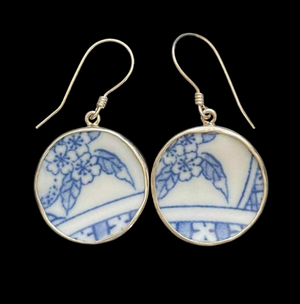 Vintage Japanese Porcelain Round Pansy 925 Silver Earrings