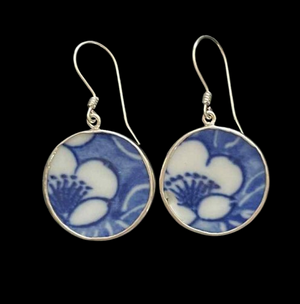 Vintage Japanese Porcelain Round Peony 925 Silver Earrings
