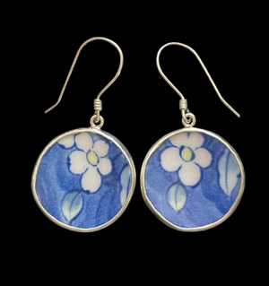 Vintage Japanese Porcelain Round Daisy 925 Silver Earrings