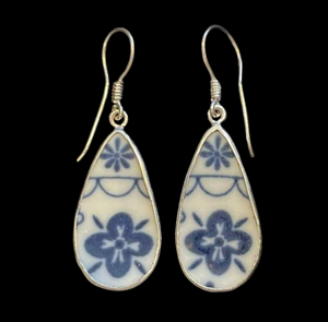 Vintage Japanese Porcelain Teardrop Blue Flower 925 Silver Earrings