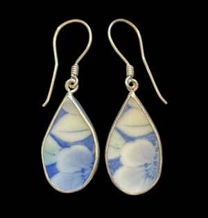 Vintage Japanese Porcelain Teardrop Blue Green Leaf 925 Silver Earrings