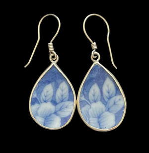 Vintage Japanese Porcelain Teardrop Leaf 925 Silver Earrings