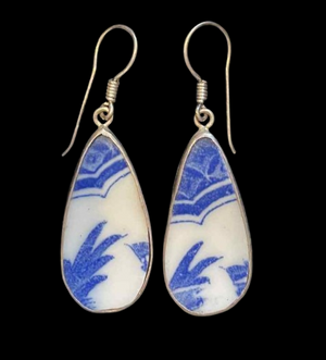 Vintage Japanese Porcelain Teardrop Palm Leaf 925 Silver Earrings