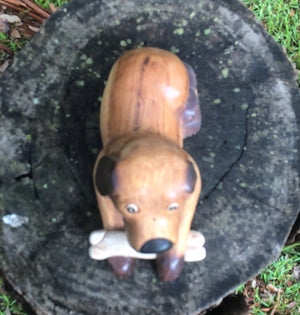 Wooden Laying Dog with a Bone
