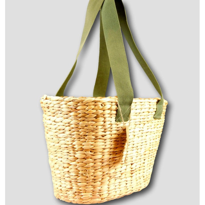 Water Hyacinth Large Oval Basket with Green Canvas Handles