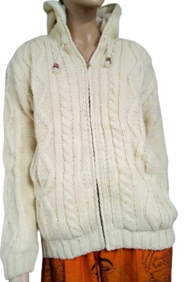 100% Wool Zip Up Cable Knit Hoodie Cream