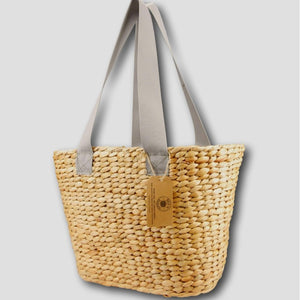 Water Hyacinth Large Oval Basket with Grey Canvas Handles