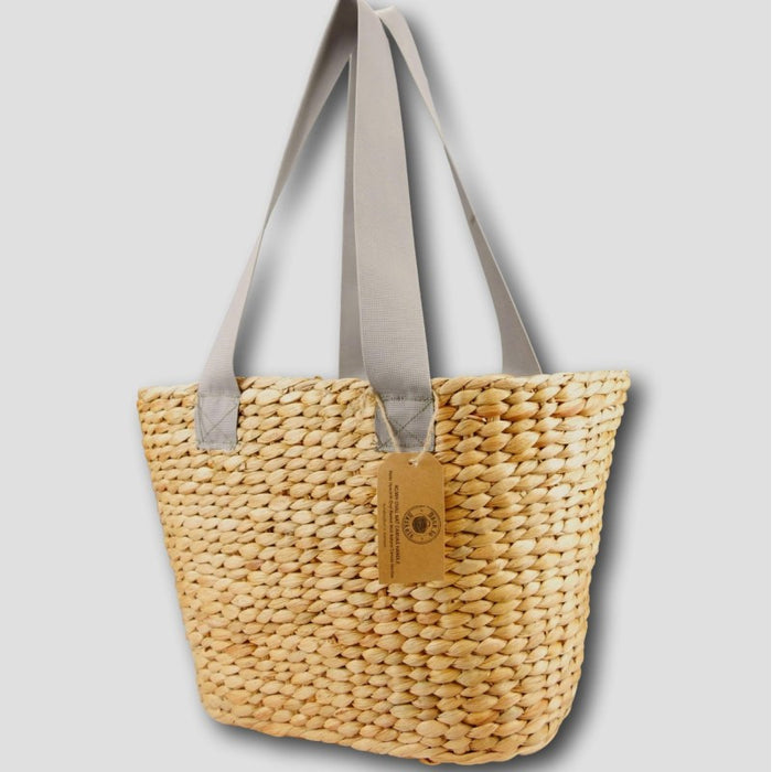 Water Hyacinth Large Oval Basket with Grey Canvas Handles