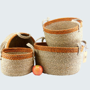 Orange Vegan Friendly Large Round Seagrass Baskets Set of 4