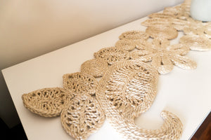 Our intricately handmade jute table runners can dress up any table top. macrame table runner. Natural macrame table runner. Neutral table runner. Floral table runner. Flower and leaf table runner.