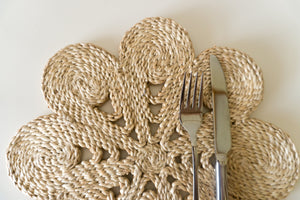 Our flower placemats are handwoven from jute to add that understated chic beach vibe to your dinner sets.  Jute placemat. Table Mat. Woven placemat. Natural flower placemat.  Neutral flower placemat. 