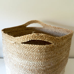 handwoven eco-friendly baskets. planters. storage basket. wicker basket. white braided basket. natural seagrass basket. two tone basket
