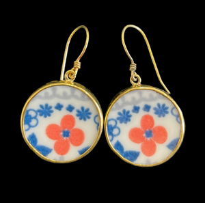 Vintage Japanese Porcelain and Brass Round Earings