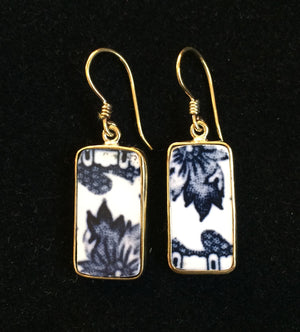 Vintage Japanese Porcelain and Brass Rectangle Earings