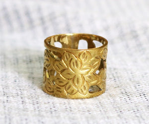 Flower Cut Out Brass Ring made from Bombshells and Bullets in Cambodia