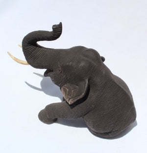 Teak Wooden Sitting Baby Elephant Trunk Up 20cm long
