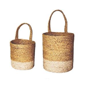 handwoven eco-friendly baskets. planters. storage basket. wicker basket. yellow braided basket. yellow and natural seagrass basket. two tone basket. 