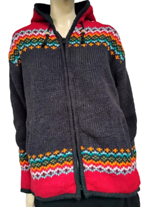 100% Wool Zip Up Hoodie Jacket Charcoal Pattern