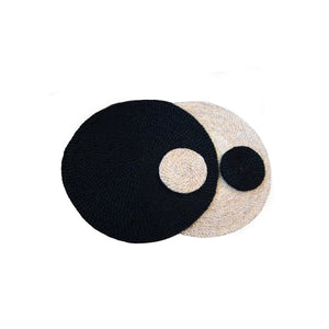 Our round placemats are handwoven from jute to add that understated chic beach vibe to your dinner sets.  Jute placemat. Table Mat. Natural placemat. Round black placemat.