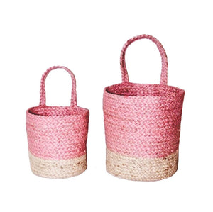 handwoven eco-friendly baskets. planters. storage basket. wicker basket. pink braided basket. pink and natural seagrass basket. two tone basket. 